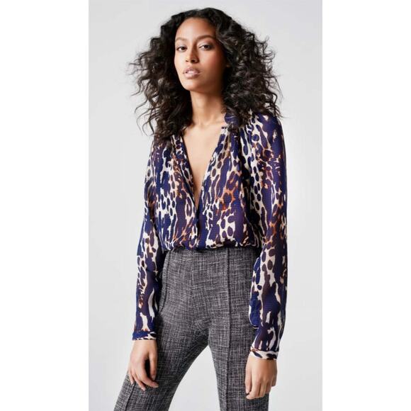 Smythe Gathered Blouse Midnight Leopard Sz XS Blue Cream Abstract Oversized Chic - Picture 1 of 16